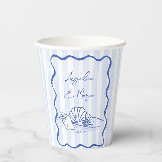Seashells Blue Wavy Grands Beach Hochzeitsmonograp Pappbecher (Vorderseite)