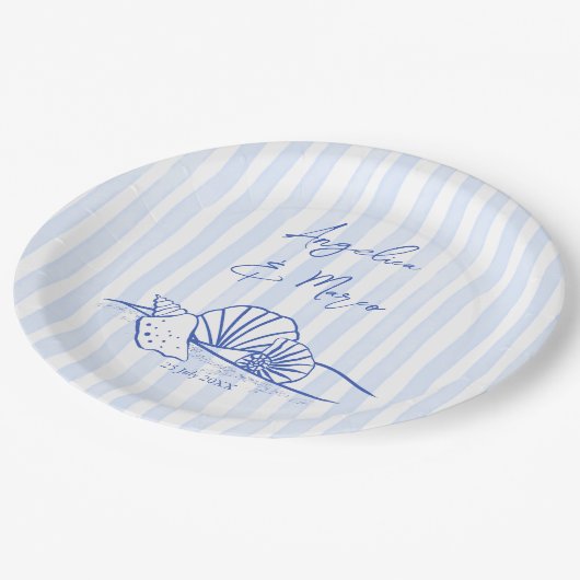 Seashells Blue Wavy Grands Beach Hochzeitsmonograp Pappteller (Schrägansicht)