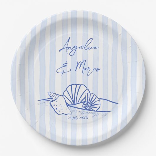 Seashells Blue Wavy Grands Beach Hochzeitsmonograp Pappteller (Vorderseite)