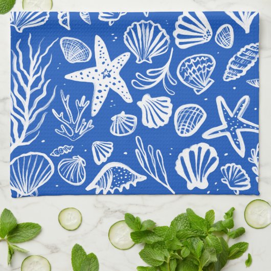 Seashells Blue & White Pattern Beach Muscheln Chic Geschirrtuch (Gefaltet)