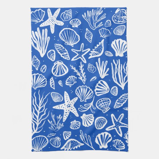 Seashells Blue & White Pattern Beach Muscheln Chic Geschirrtuch (Vertikal)