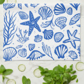 Seashells Blue & White Pattern Beach Muscheln Chic Geschirrtuch (Gefaltet)