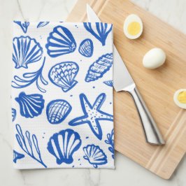 Seashells Blue & White Pattern Beach Muscheln Chic Geschirrtuch