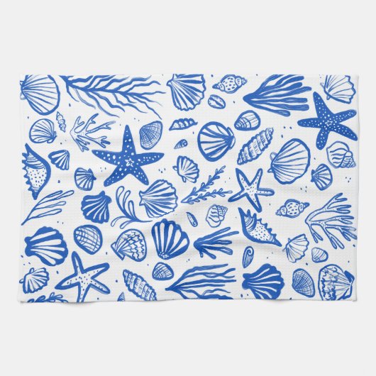 Seashells Blue & White Pattern Beach Muscheln Chic Geschirrtuch (Horizontal)