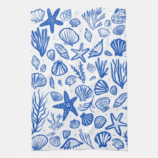 Seashells Blue & White Pattern Beach Muscheln Chic Geschirrtuch (Vertikal)
