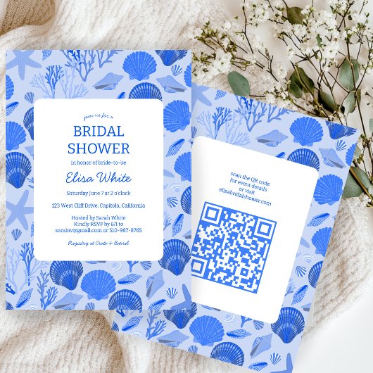 Seashells Brautparty Chic Blue Beach CUSTOM QR Einladung