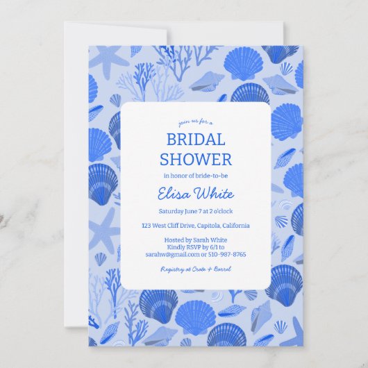 Seashells Brautparty Chic Blue Beach CUSTOM QR Einladung (Vorderseite)