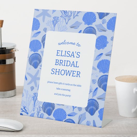 Seashells Brautparty Elegante Blue Beach CUSTOM Sockelschild (In Situ)