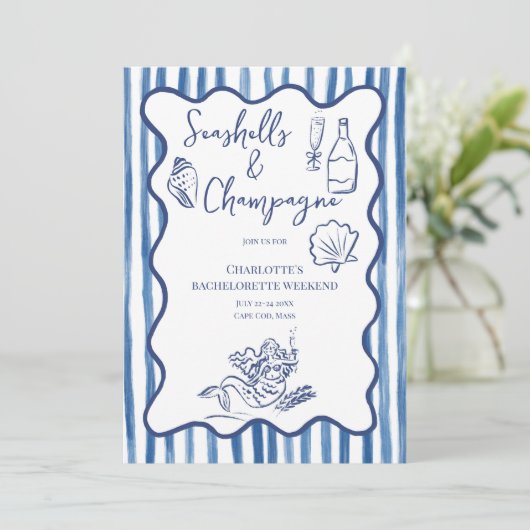 Seashells & Champagne Junggeselinnen-Abschied Einladung (Stehend Vorderseite)