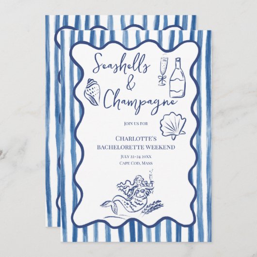 Seashells & Champagne Junggeselinnen-Abschied Einladung (Vorne/Hinten)