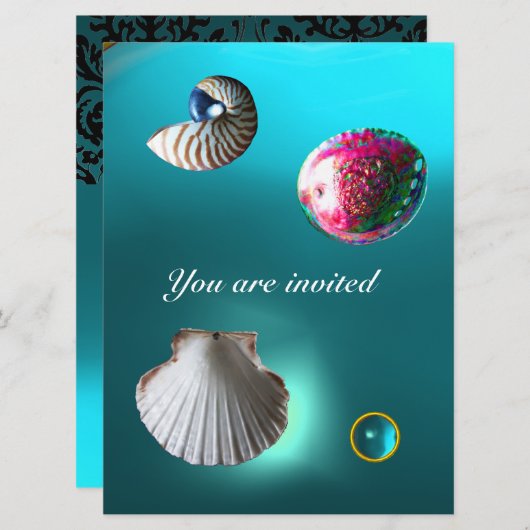 SEASHELLS DAMASK GEM BEACH WEDING Blue Aquamarine Einladung (Vorne/Hinten)