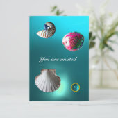 SEASHELLS DAMASK GEM BEACH WEDING Blue Aquamarine Einladung (Stehend Vorderseite)
