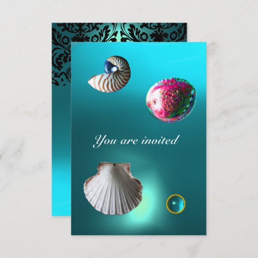 SEASHELLS DAMASK GEM BEACH WEDING Blue Aquamarine Einladung (Vorne/Hinten)