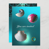 SEASHELLS DAMASK GEM BEACH WEDING Blue Aquamarine Einladung (Vorne/Hinten)