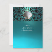 SEASHELLS DAMASK GEM BEACH WEDING Blue Aquamarine Einladung (Rückseite)