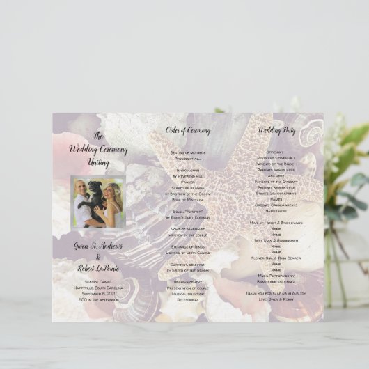 Seashells Folded Foto Hochzeitsprogramm (Stehend Vorderseite)