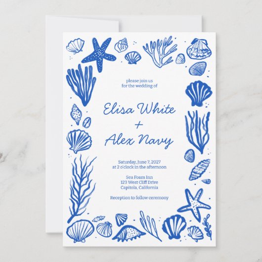 Seashells Frame Beach Wedding Blue CUSTOM Einladung (Vorderseite)