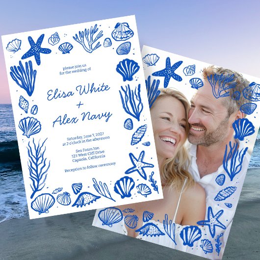 Seashells Frame Beach Wedding CUSTOM FOTO Einladung