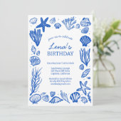 Seashells Frame Birthday Party Blue Beach CUSTOM Einladung (Stehend Vorderseite)