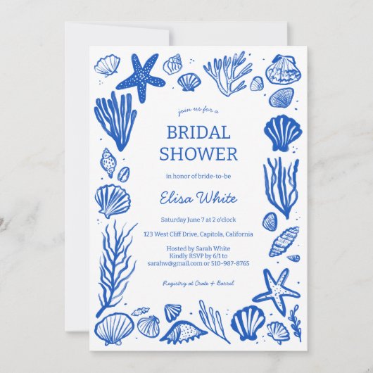 Seashells Frame Brautparty Blue Beach CUSTOM Einladung (Vorderseite)