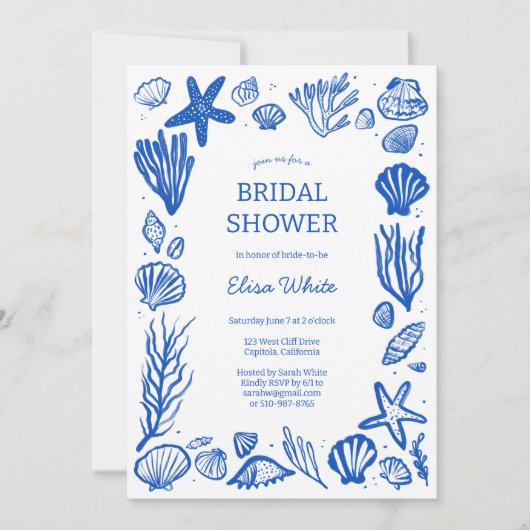 Seashells Frame Brautparty Blue Beach CUSTOM QR Einladung (Vorderseite)