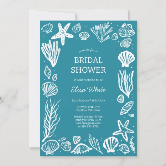 Seashells Frame Bridal Dusche Tee Beach CUSTOM Einladung (Vorderseite)