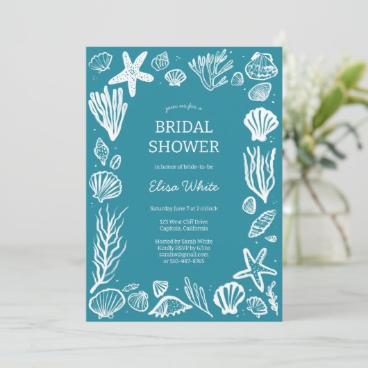 Seashells Frame Bridal Dusche Tee Beach CUSTOM Einladung (Stehend Vorderseite)