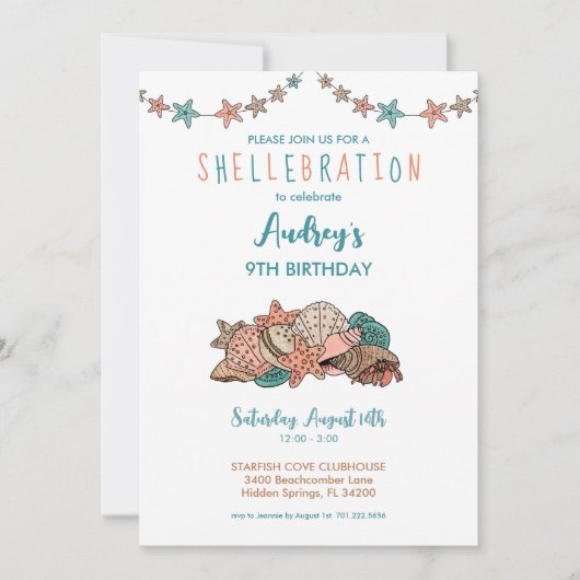 Seashells Girls Beach Geburtstag Einladung (Vorderseite)