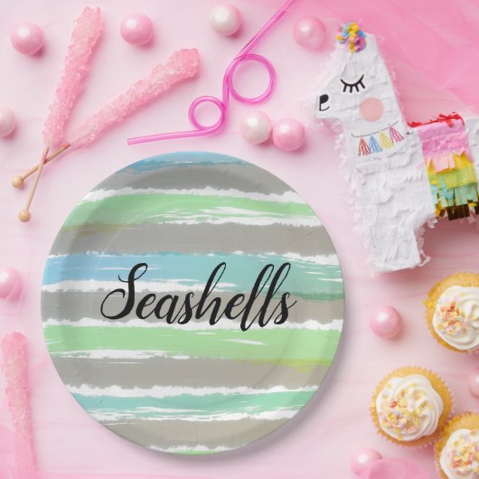 Seashells Grey Green Blue Watercolor Streifen Pappteller (Party)