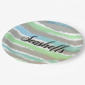 Seashells Grey Green Blue Watercolor Streifen Pappteller (Schrägansicht)