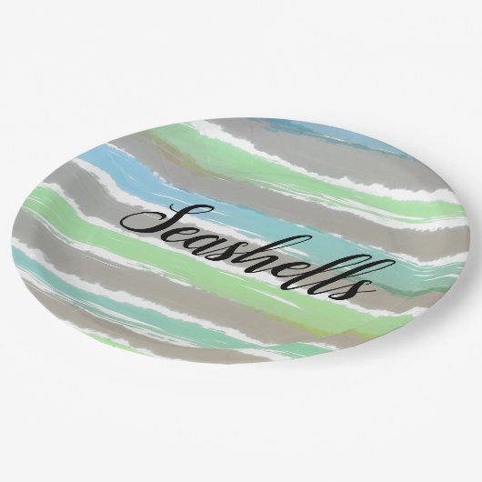 Seashells Grey Green Blue Watercolor Streifen Pappteller (Schrägansicht)