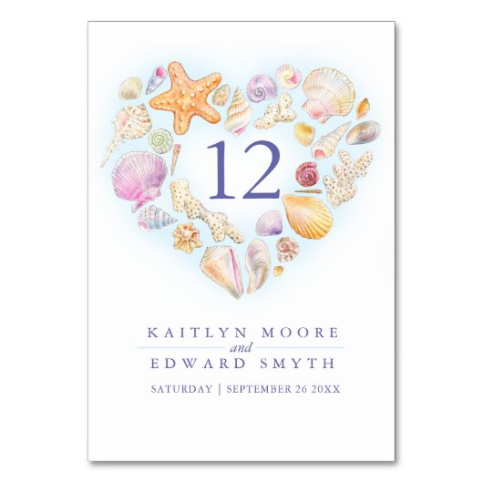 Seashells Herz Aquarell Hochzeit Brauch Tischnummer (Rückseite)