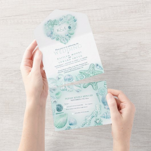 Seashells Herz Aquarellstrand Hochzeit Aqua All In One Einladung (Abreißen)