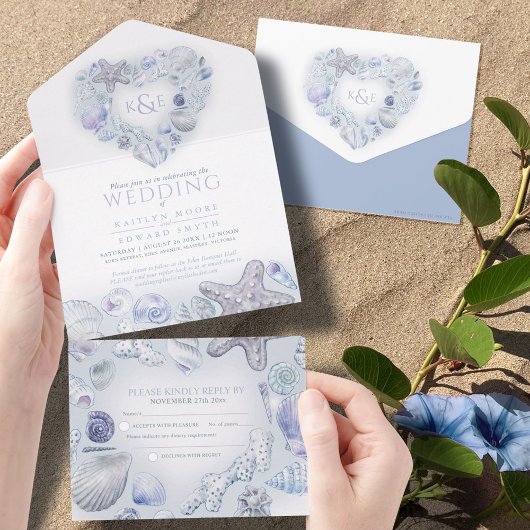 Seashells Herz Aquarellstrand Hochzeit blau All In One Einladung