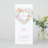 Seashells Herzkranz Monogramm Aquarellfarbenhochze Menükarte (Stehend Vorderseite)