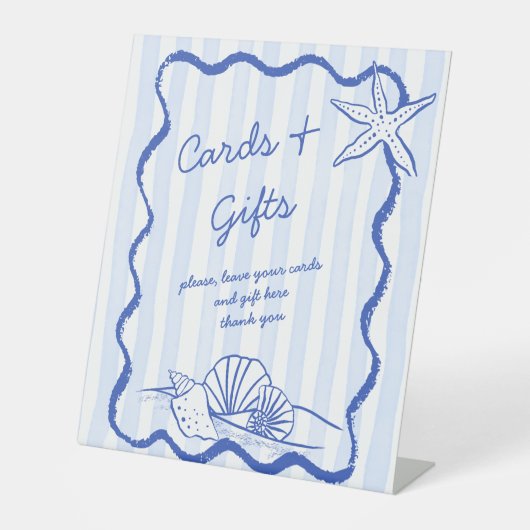 Seashells Hochzeitsgeschenke an der blauen Grenze Sockelschild (Vorderseite)