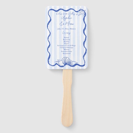 Seashells Hochzeitsprogramm für den blauen Grenzst Fächer (Vorderseite)