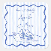 Seashells Hochzeitsstimmung am blauen Grenzstrand Quadratischer Aufkleber (Vorderseite)