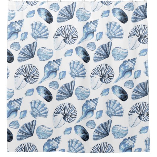 Seashells kopieren im blauen Strand-Haus Duschvorhang (Vorderseite)