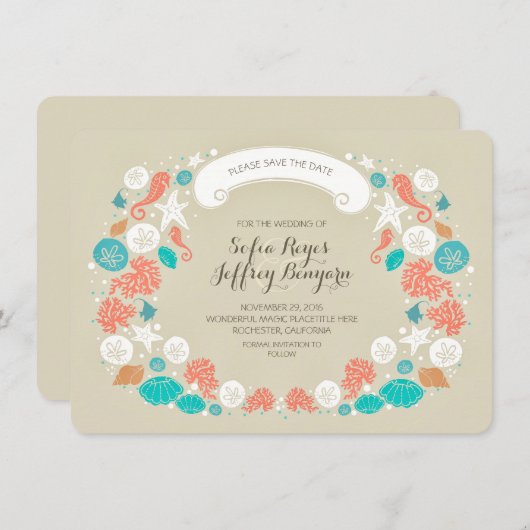Seashells Kranz-Strand speichern Sie das Datum CAR Save The Date (Vorne/Hinten)