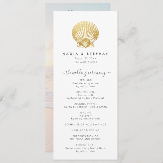 Seashells Nautical Beach Wedding Gold Modern Programm (Vorne/Hinten)