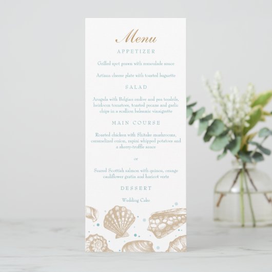 Seashells Nautical Tan/Aqua Beach Wedding Menu Menükarte (Stehend Vorderseite)