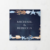 Seashells Navy Blue Foto Collage Wedding Dreifach Gefaltete Einladung (Cover)