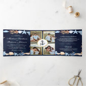 Seashells Navy Blue Foto Collage Wedding Dreifach Gefaltete Einladung (Innenseite)