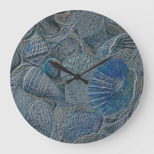 Seashells Ocean Beach Blue Nautical Metallic Art Große Wanduhr