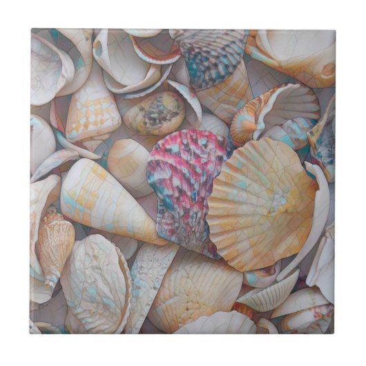 Seashells Ocean Beach Mosaik Art Nautical Fliese (Vorderseite)