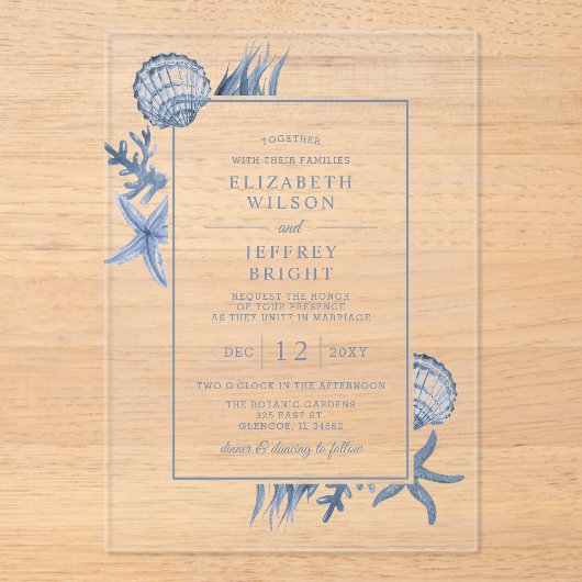 Seashells Ocean Beach Wedding Acryleinladungen (Vorderseite)