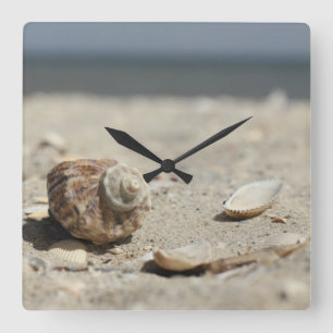 Seashells On Sand By The Sea Quadratische Wanduhr