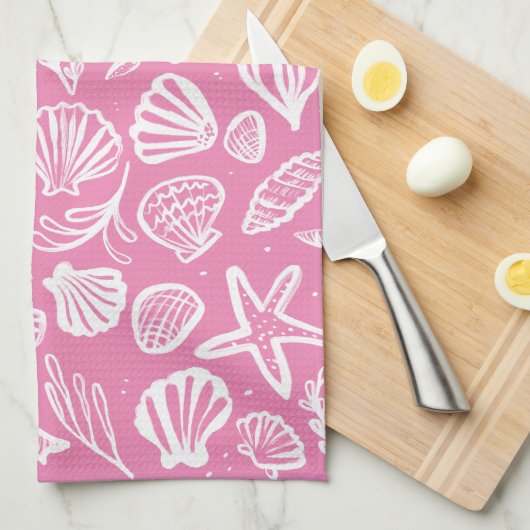 Seashells Pink Pattern Beach Muscheln Chic Geschirrtuch (Viertel Falte)