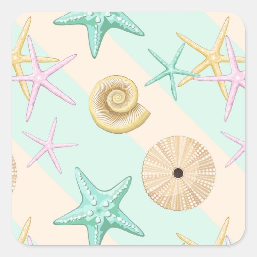 Seashells Retro Pastel Sea Life Quadratischer Aufkleber (Vorderseite)